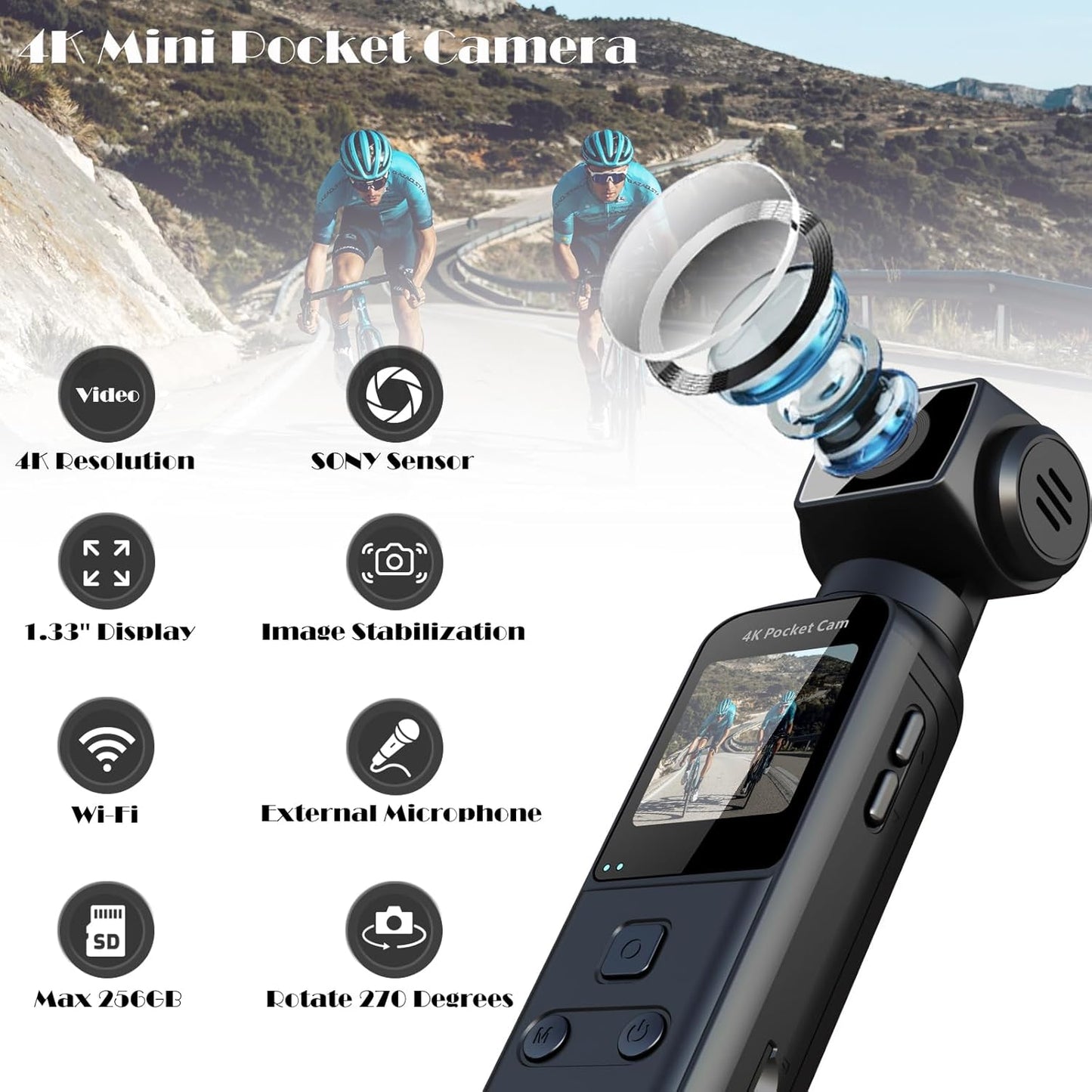 Ultra HD 4K Body Camera with External Microphone - 270° Rotating Mini Video & Audio Pocket Cam for Sports, Travel, and Law Enforcement - 64GB Included