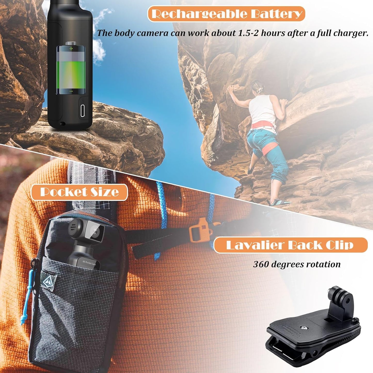 Ultra HD 4K Body Camera with External Microphone - 270° Rotating Mini Video & Audio Pocket Cam for Sports, Travel, and Law Enforcement - 64GB Included